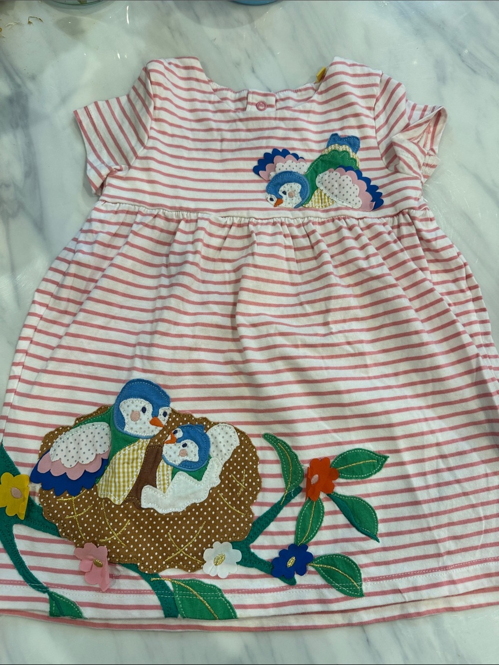 Baby Boden pink and white striped dress with bird & flower appliqués